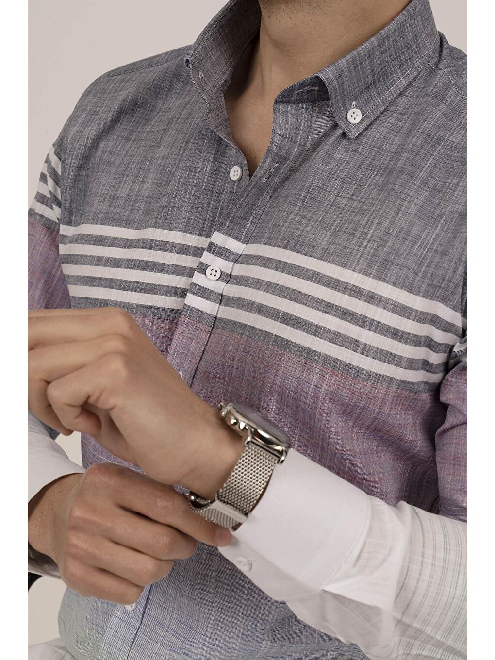 Panolu Gri Vişne Slimfit Keten Erkek %100 Pamuk Gömlek