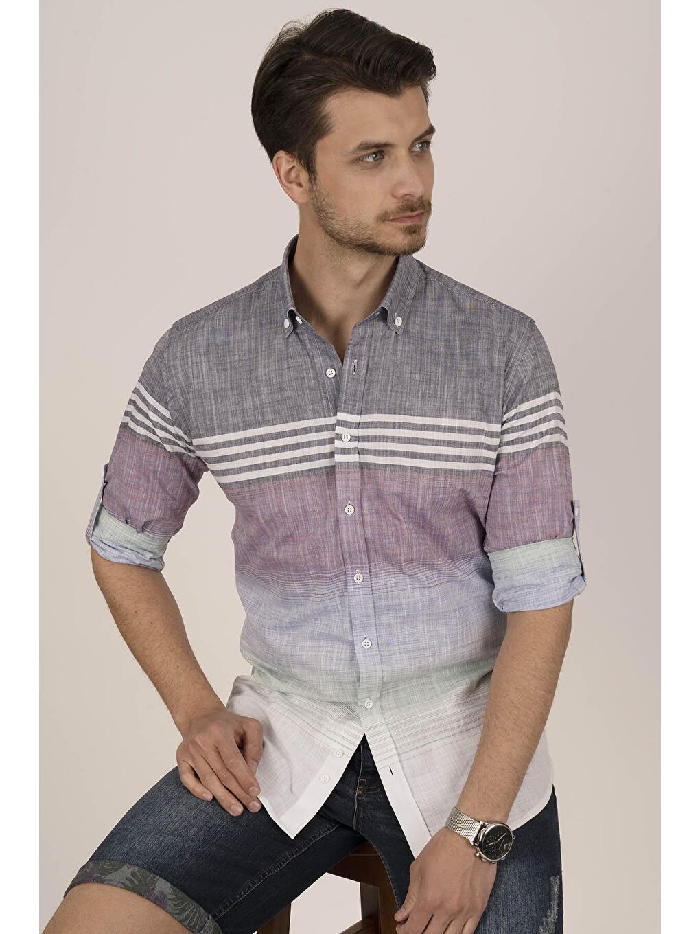 Panolu Gri Vişne Slimfit Keten Erkek %100 Pamuk Gömlek-4