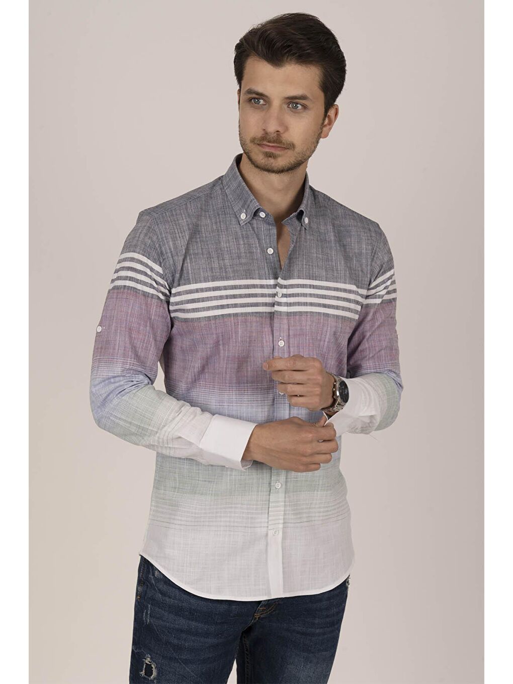 Panolu Gri Vişne Slimfit Keten Erkek %100 Pamuk Gömlek-2