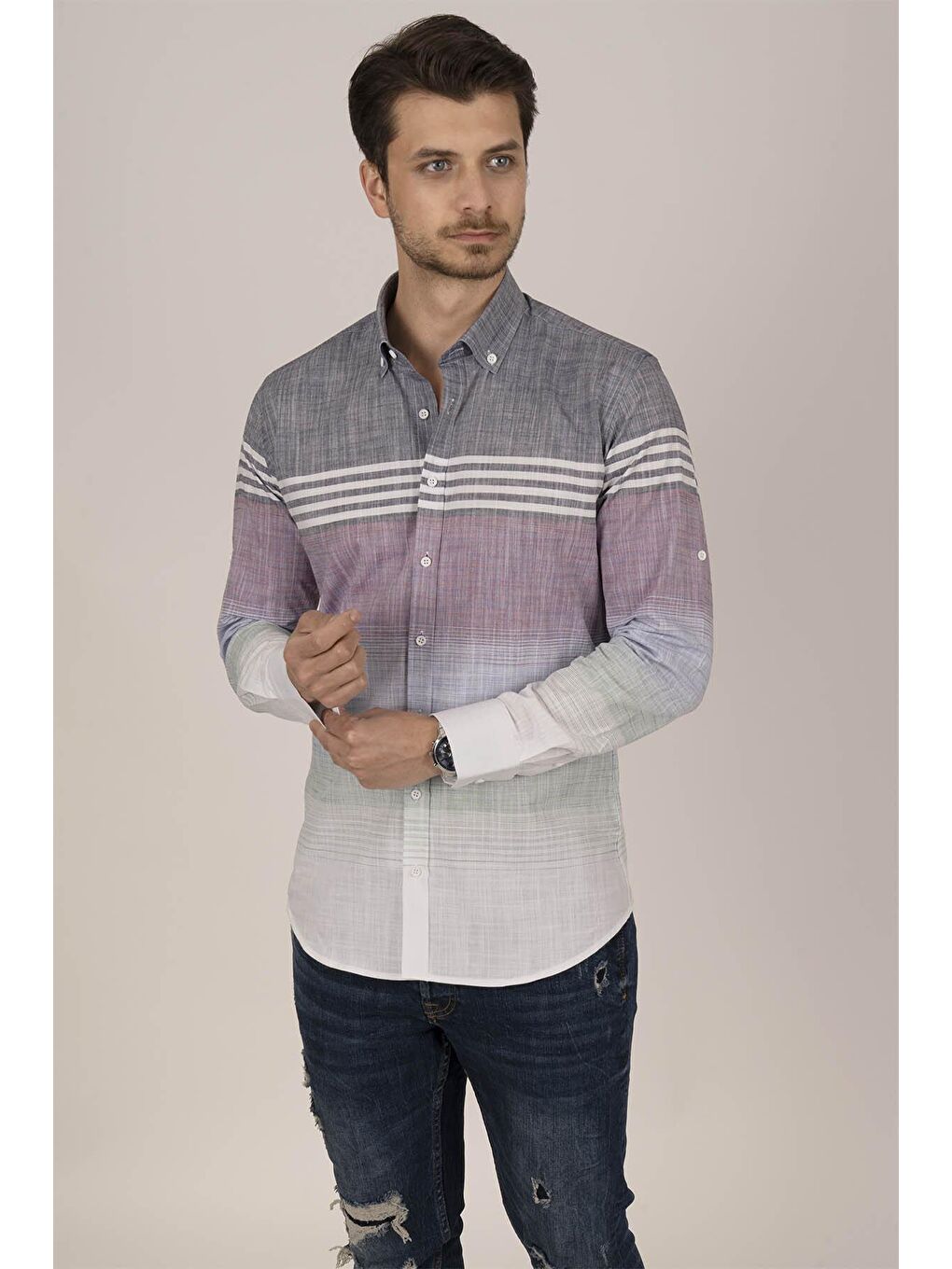 Panolu Gri Vişne Slimfit Keten Erkek %100 Pamuk Gömlek-1