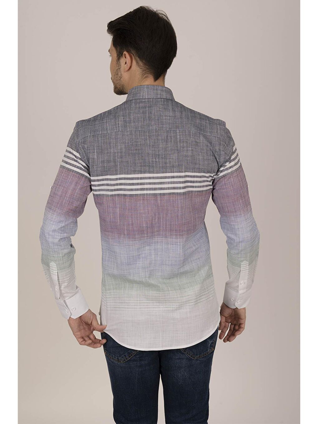 Panolu Gri Vişne Slimfit Keten Erkek %100 Pamuk Gömlek-5