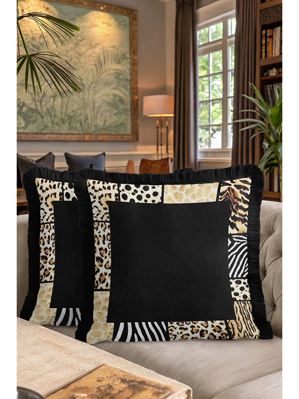 Karışık Vahşi Dokulu Saçaklı Yastık Kılıfı - Safari Glam Bohem Siyah Altın Renkli Püsküllü Kırlent Kılıfı-7