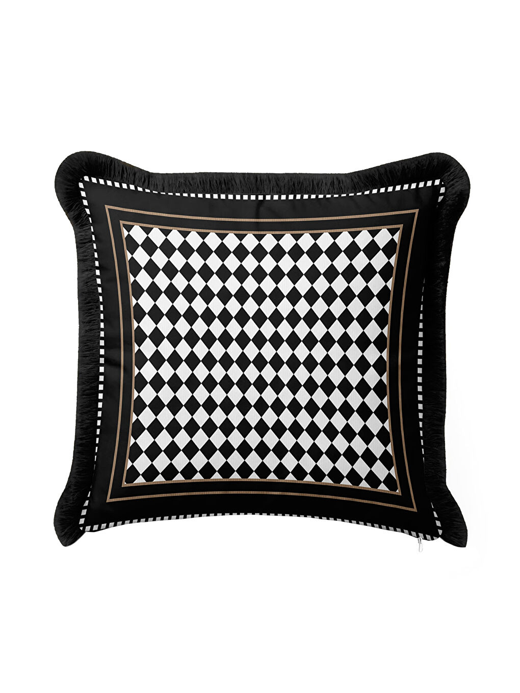 Karışık Lüks Damalı Saçaklı Yastık Kılıfı - Zarif Geometrik Modern Siyah Altın Renk Püsküllü Kırlent Kılıfı-1