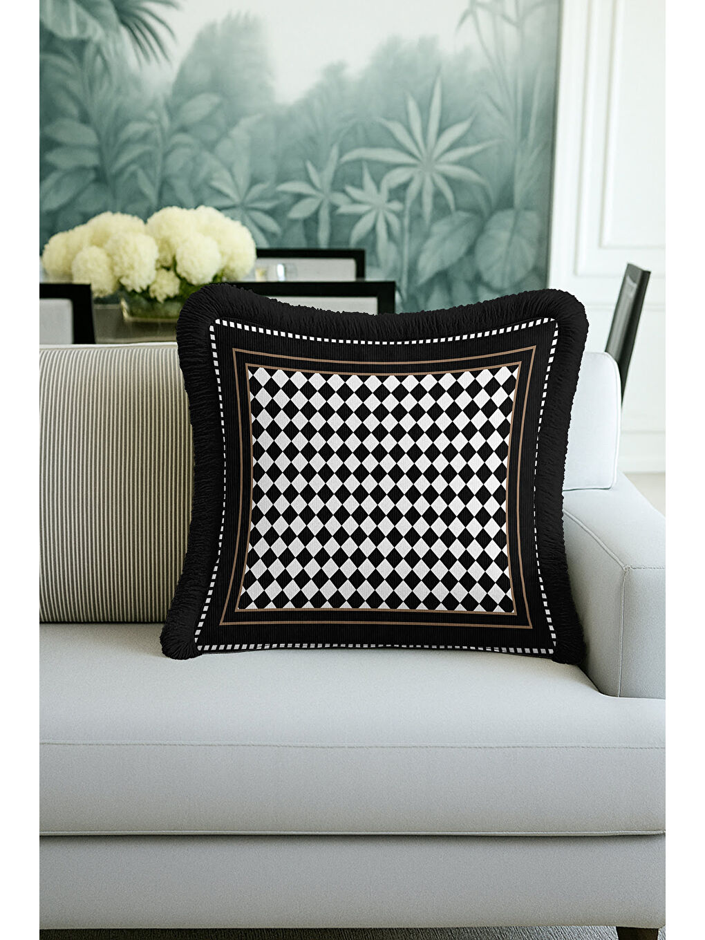 Karışık Lüks Damalı Saçaklı Yastık Kılıfı - Zarif Geometrik Modern Siyah Altın Renk Püsküllü Kırlent Kılıfı-2