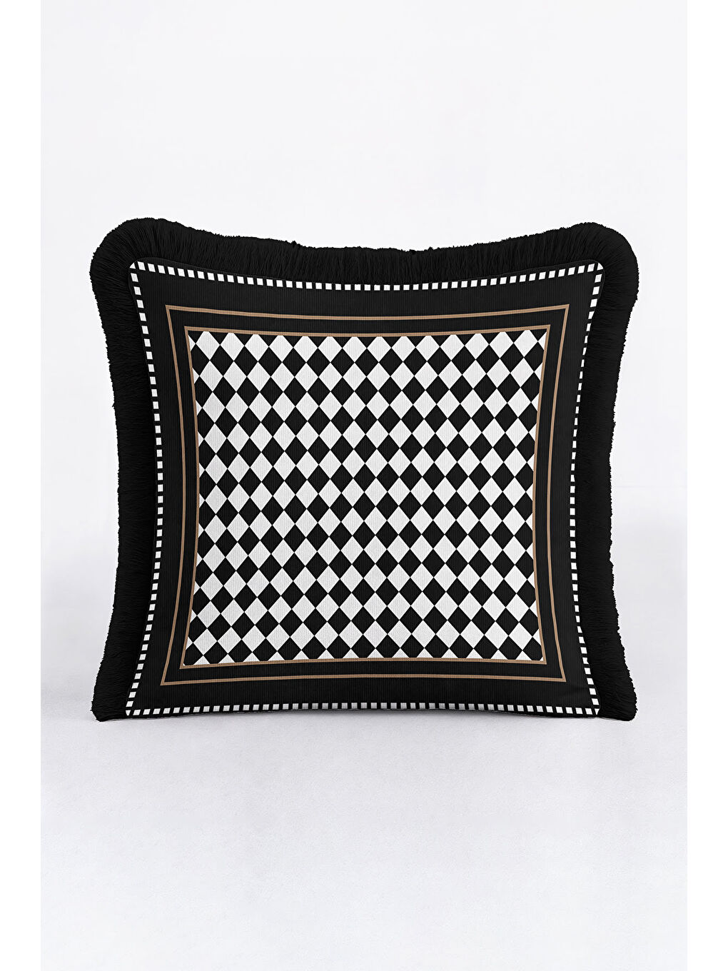 Karışık Lüks Damalı Saçaklı Yastık Kılıfı - Zarif Geometrik Modern Siyah Altın Renk Püsküllü Kırlent Kılıfı-4