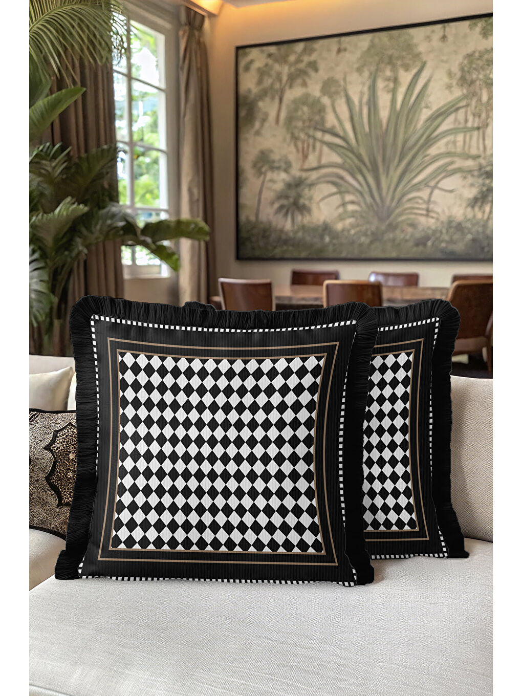 Karışık Lüks Damalı Saçaklı Yastık Kılıfı - Zarif Geometrik Modern Siyah Altın Renk Püsküllü Kırlent Kılıfı-5