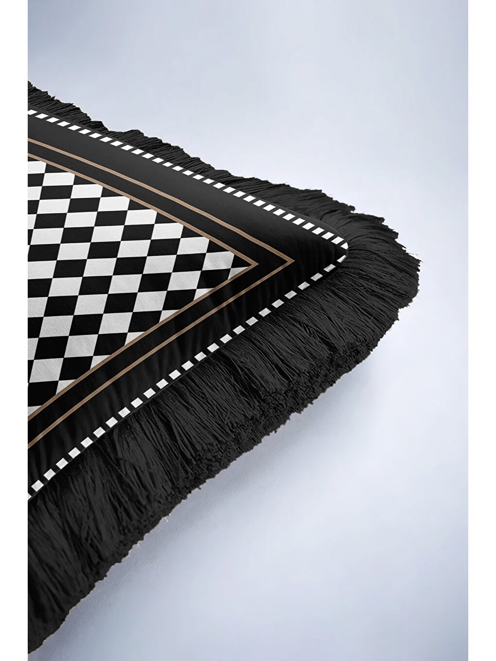 Karışık Lüks Damalı Saçaklı Yastık Kılıfı - Zarif Geometrik Modern Siyah Altın Renk Püsküllü Kırlent Kılıfı-6