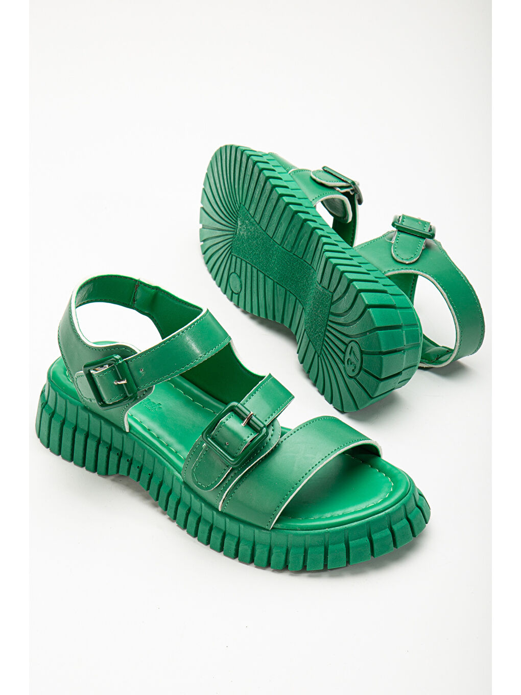 Kadın Yeşil Kalın Poli Taban Çift Tokalı Tek Bantlı Sandalet-3