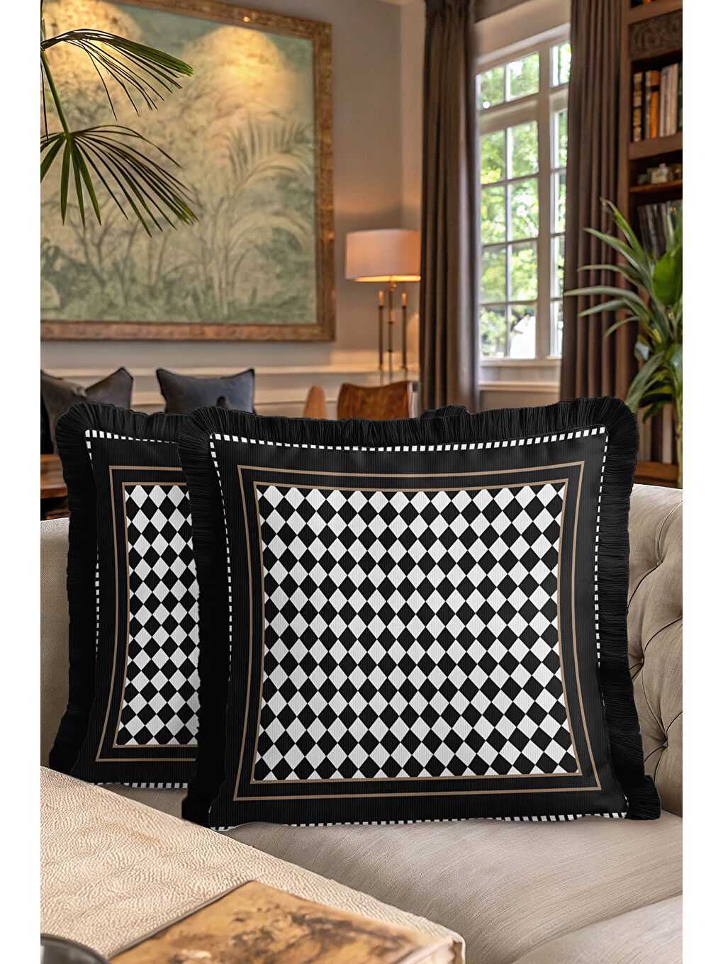 Karışık Lüks Damalı Saçaklı Yastık Kılıfı - Zarif Geometrik Modern Siyah Altın Renk Püsküllü Kırlent Kılıfı-7