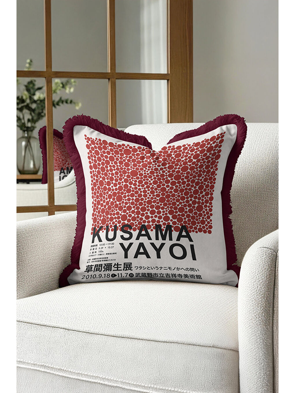 Karışık Modern Sanat Esintili Saçaklı Yastık Kılıfı - Geometrik Japon Stil Kırmızı Püsküllü Kırlent Kılıfı-3