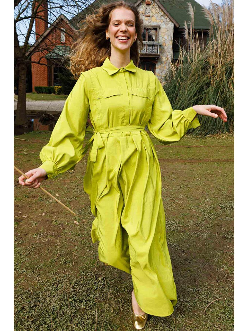 Pile Detaylı Elbise - Yağ Yeşili