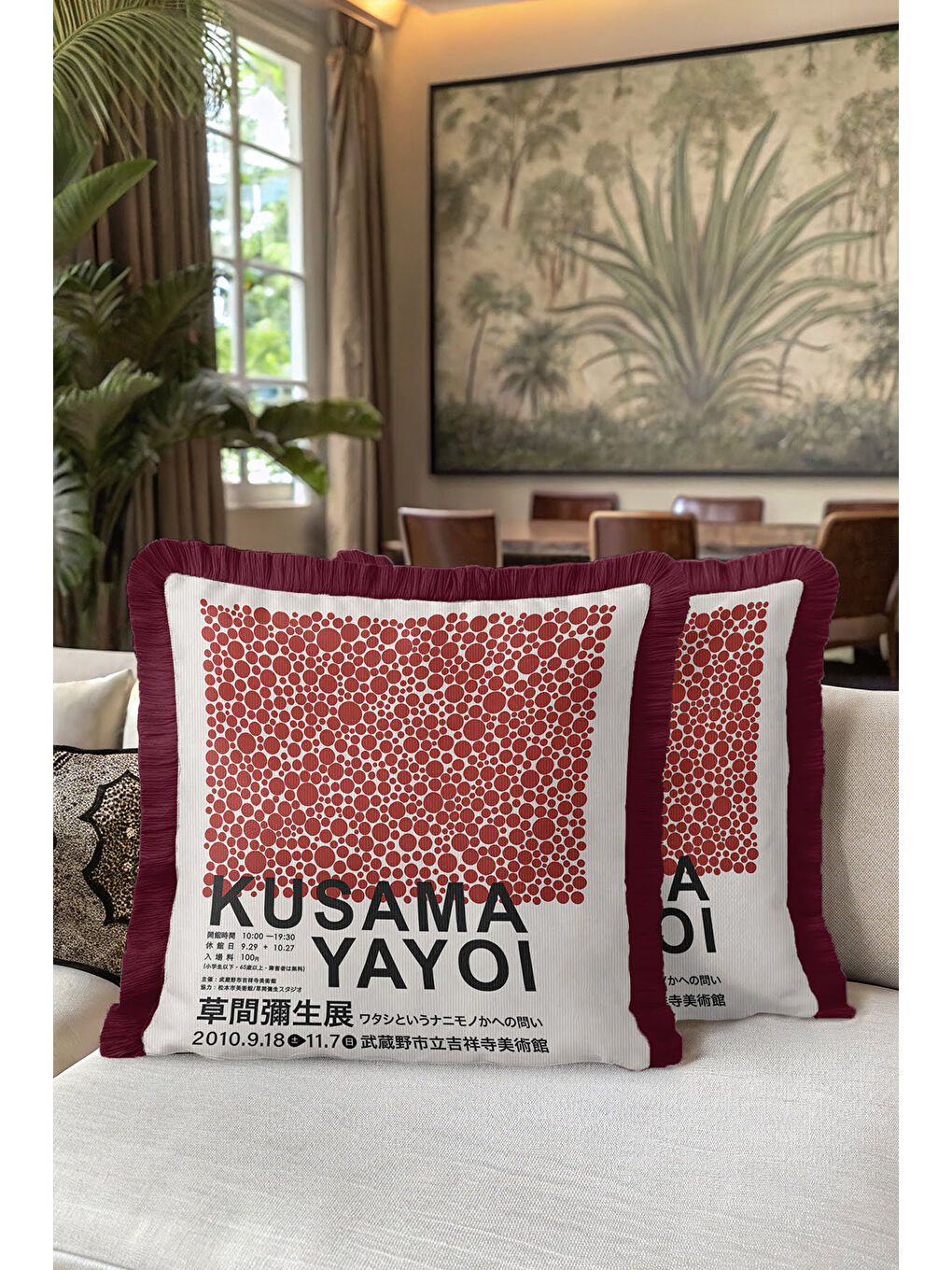 Karışık Modern Sanat Esintili Saçaklı Yastık Kılıfı - Geometrik Japon Stil Kırmızı Püsküllü Kırlent Kılıfı-5