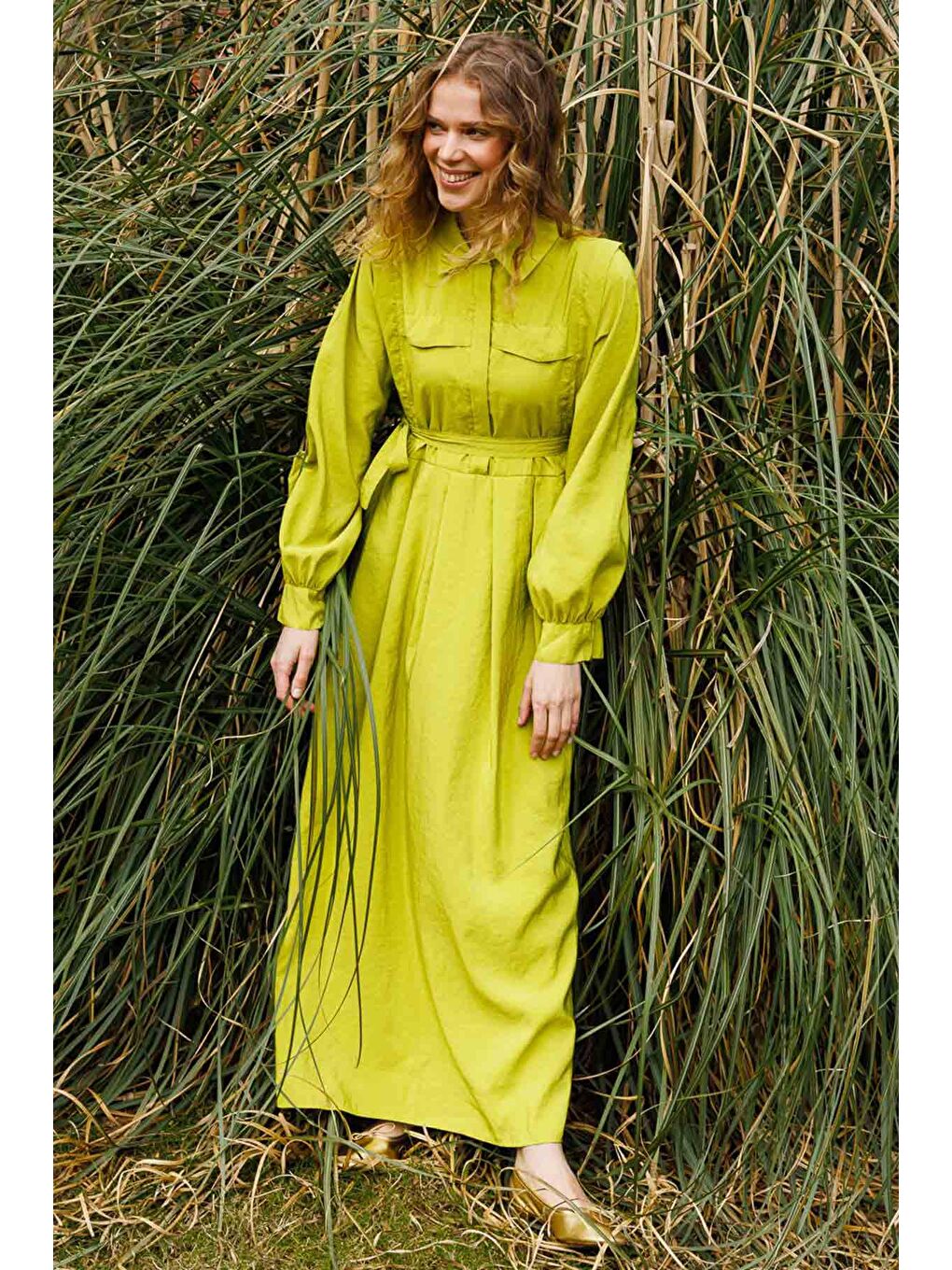 Pile Detaylı Elbise - Yağ Yeşili-1