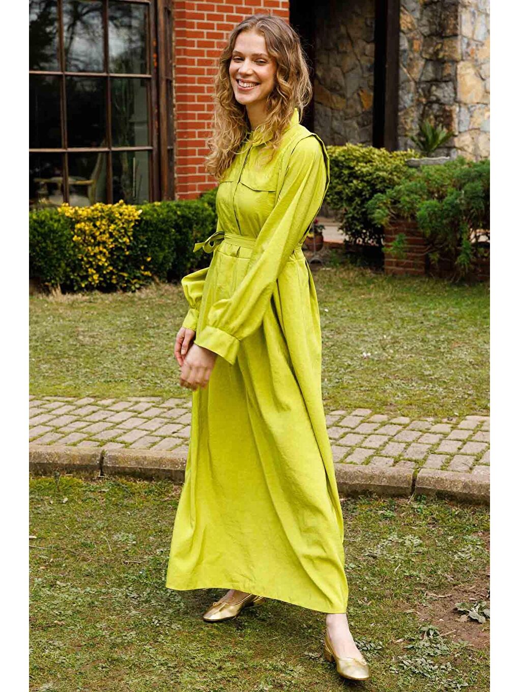 Pile Detaylı Elbise - Yağ Yeşili-2