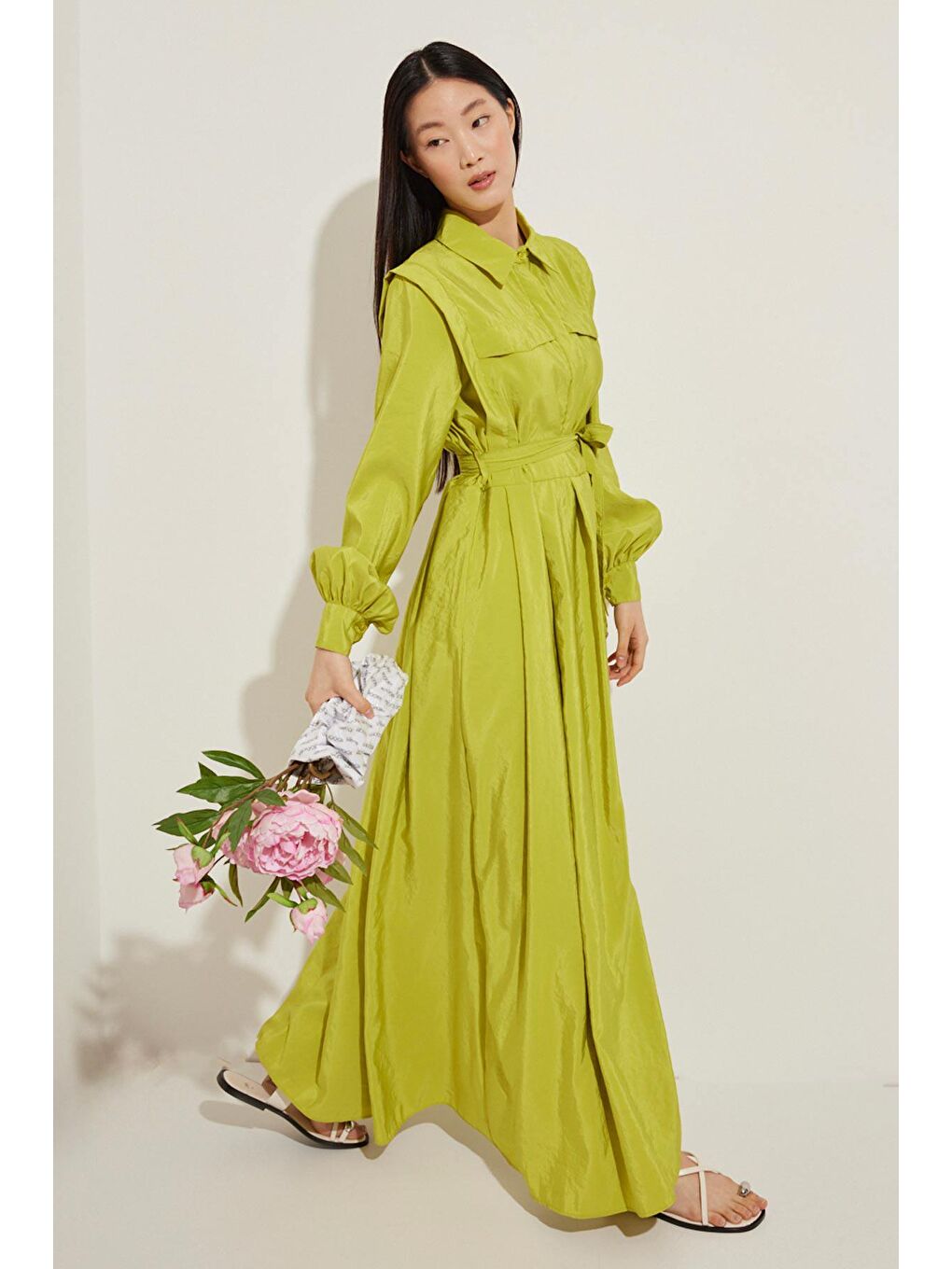 Pile Detaylı Elbise - Yağ Yeşili-3