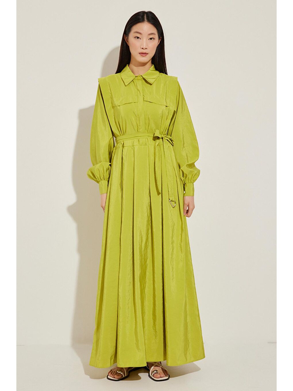 Pile Detaylı Elbise - Yağ Yeşili-4