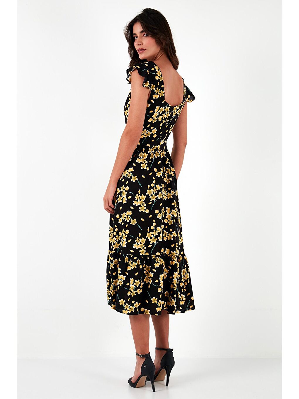 Siyah Desenli Regular Fit Kare Yaka Volanlı Midi Elbise 611El501-5