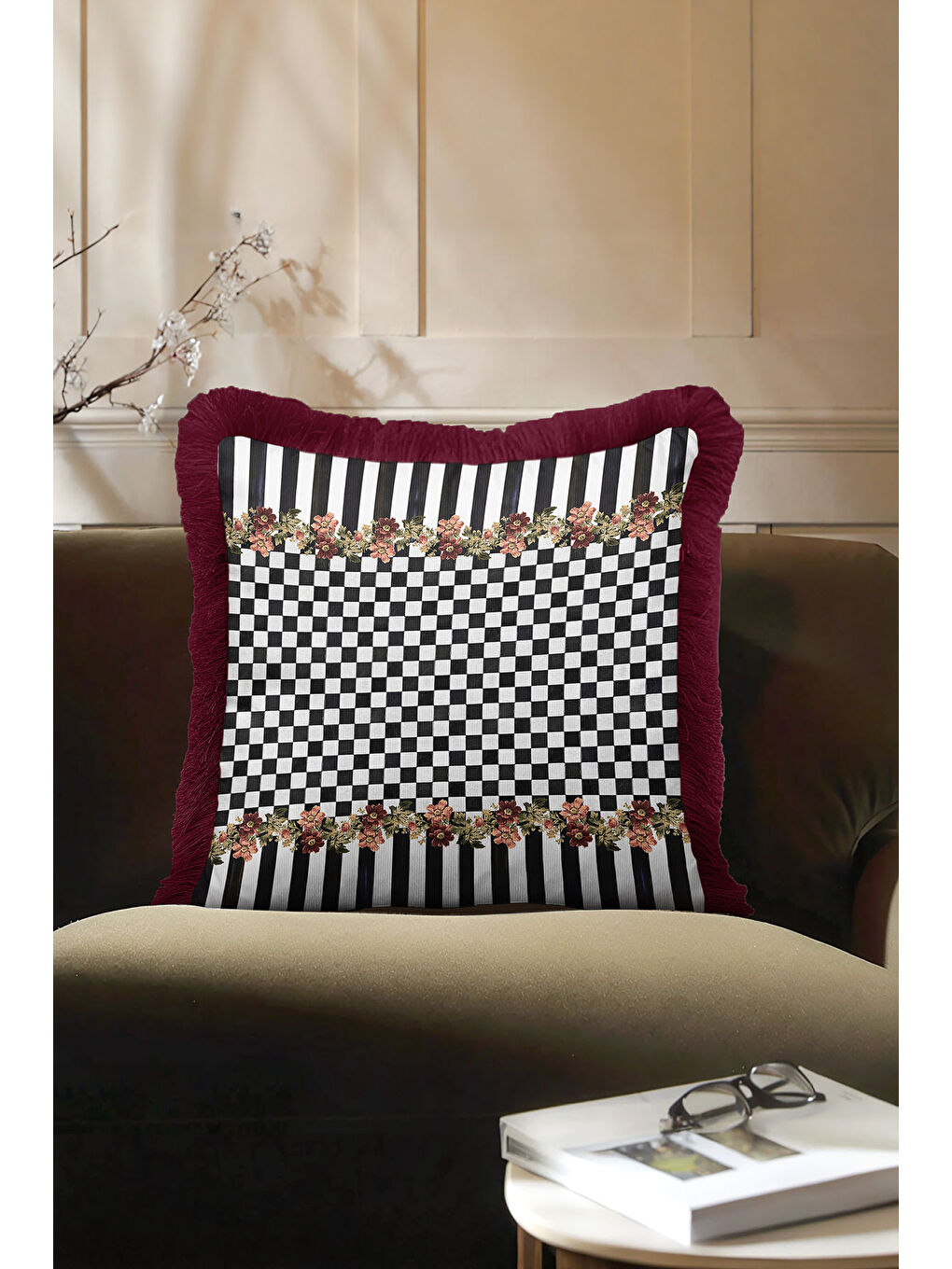 Karışık Lüks Çiçekli Kareli Saçaklı Yastık Kılıfı - Vintage Ekose Bohem Bordo Püsküllü Kırlent Kılıfı