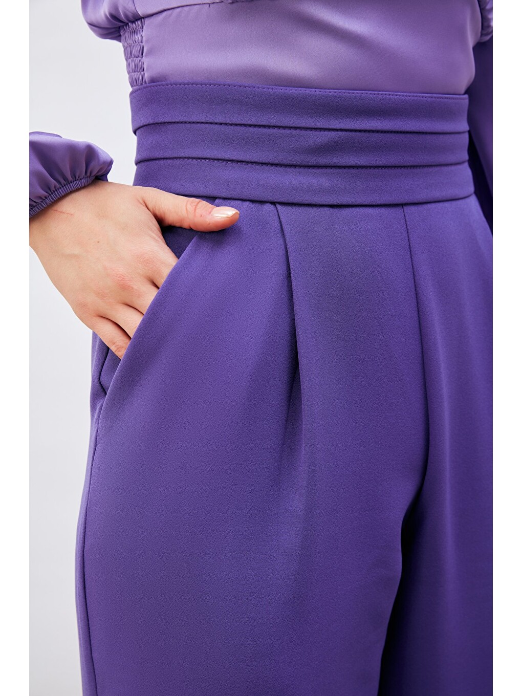 Bel Detaylı Cepli Pantolon - Mor-2