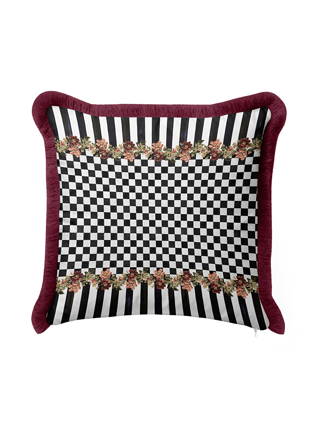Karışık Lüks Çiçekli Kareli Saçaklı Yastık Kılıfı - Vintage Ekose Bohem Bordo Püsküllü Kırlent Kılıfı-1