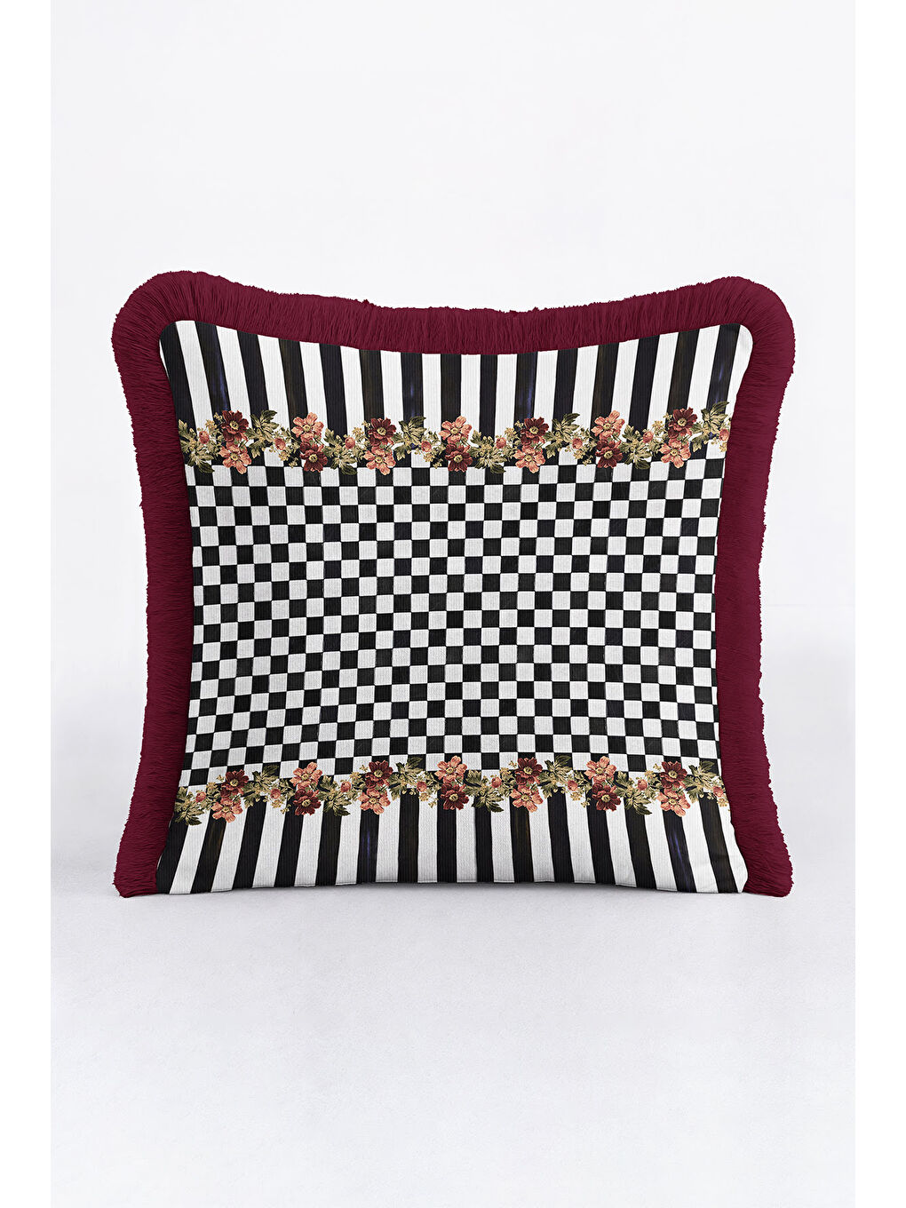 Karışık Lüks Çiçekli Kareli Saçaklı Yastık Kılıfı - Vintage Ekose Bohem Bordo Püsküllü Kırlent Kılıfı-3