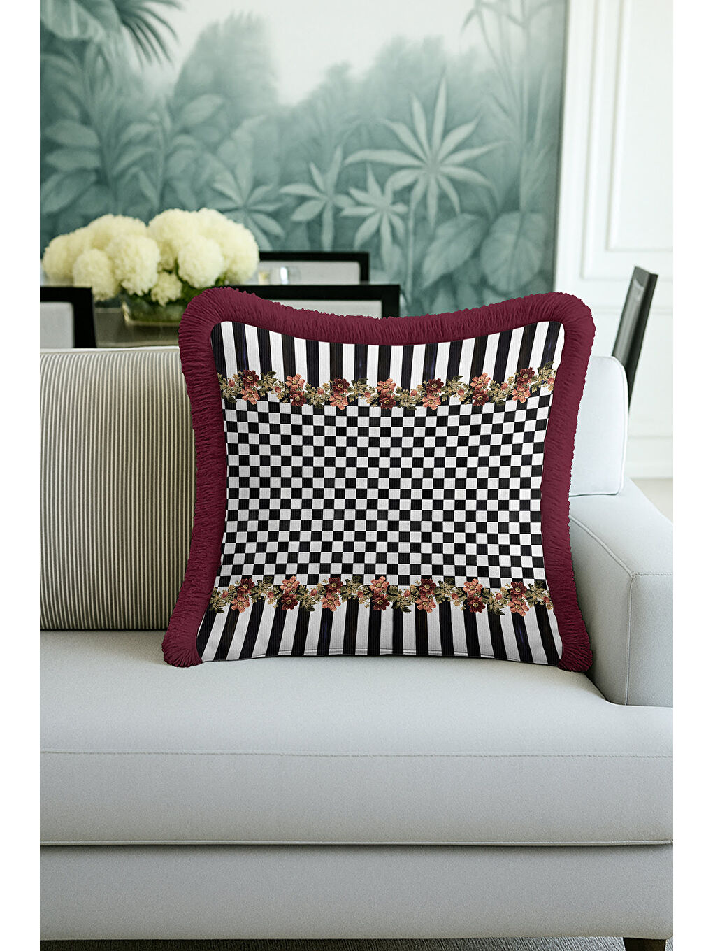 Karışık Lüks Çiçekli Kareli Saçaklı Yastık Kılıfı - Vintage Ekose Bohem Bordo Püsküllü Kırlent Kılıfı-4