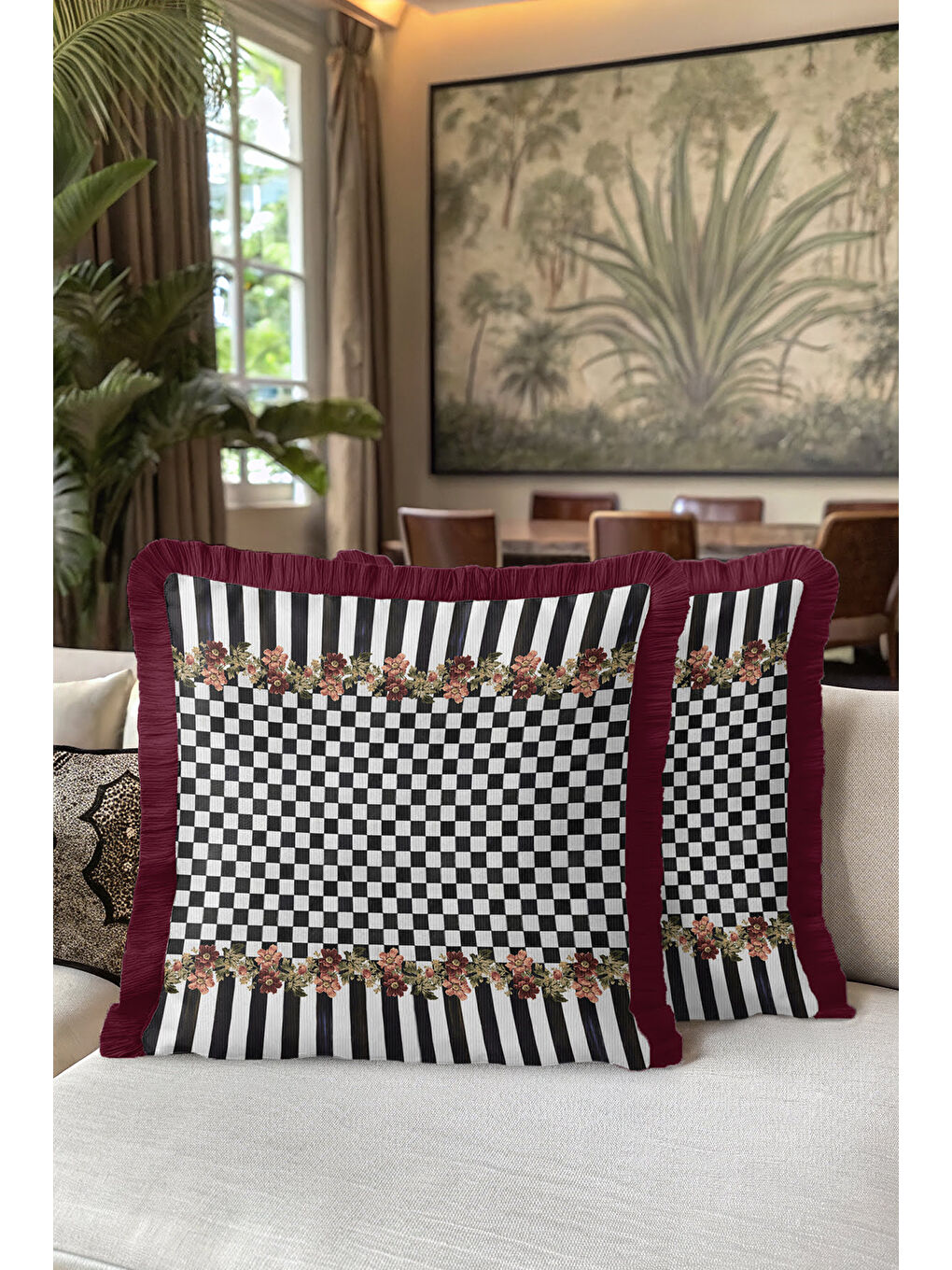 Karışık Lüks Çiçekli Kareli Saçaklı Yastık Kılıfı - Vintage Ekose Bohem Bordo Püsküllü Kırlent Kılıfı-5
