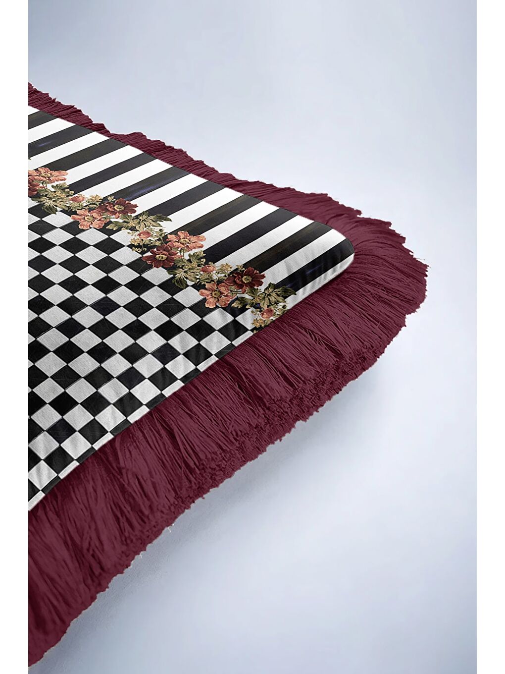 Karışık Lüks Çiçekli Kareli Saçaklı Yastık Kılıfı - Vintage Ekose Bohem Bordo Püsküllü Kırlent Kılıfı-6