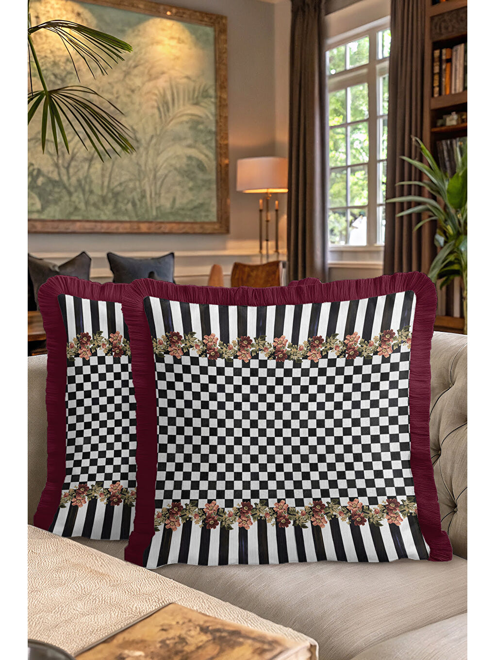 Karışık Lüks Çiçekli Kareli Saçaklı Yastık Kılıfı - Vintage Ekose Bohem Bordo Püsküllü Kırlent Kılıfı-7