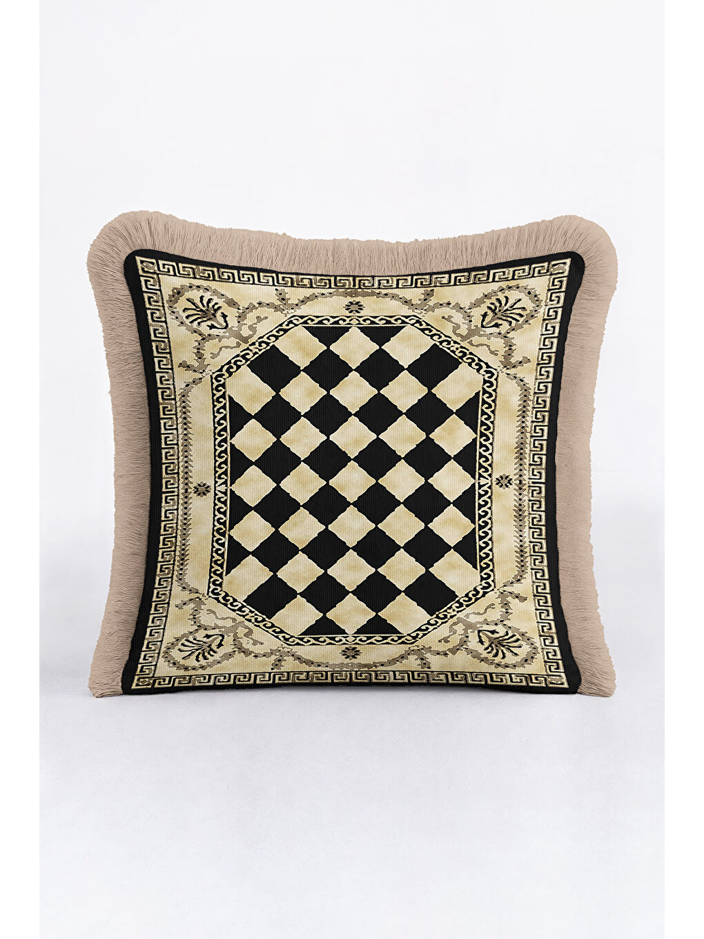 Karışık Saray Motifli Saçaklı Yastık Kılıfı - Lüks Klasik Bohem Siyah Altın Renkli Püsküllü Kırlent Kılıfı-1