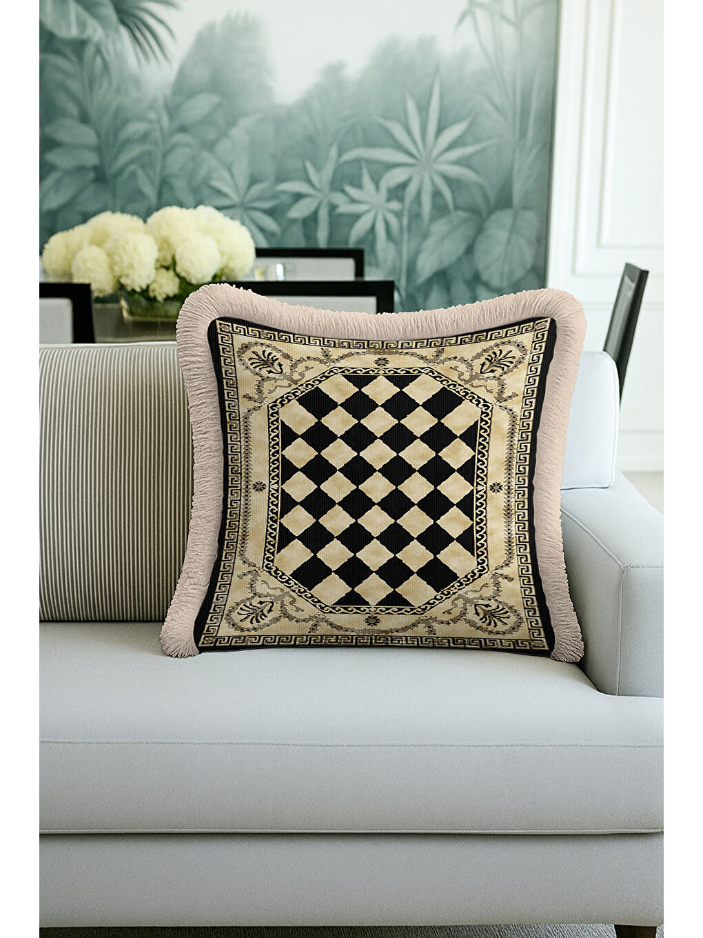 Karışık Saray Motifli Saçaklı Yastık Kılıfı - Lüks Klasik Bohem Siyah Altın Renkli Püsküllü Kırlent Kılıfı-2