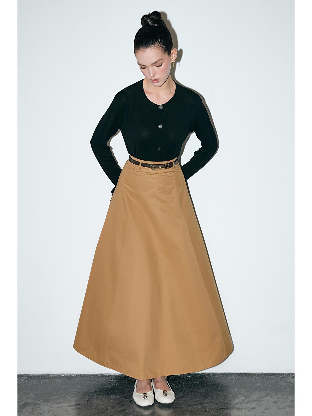 Kahverengi Dikiş Detaylı Camel Kloş Etek