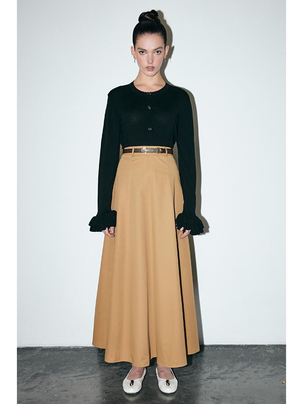 Kahverengi Dikiş Detaylı Camel Kloş Etek-1