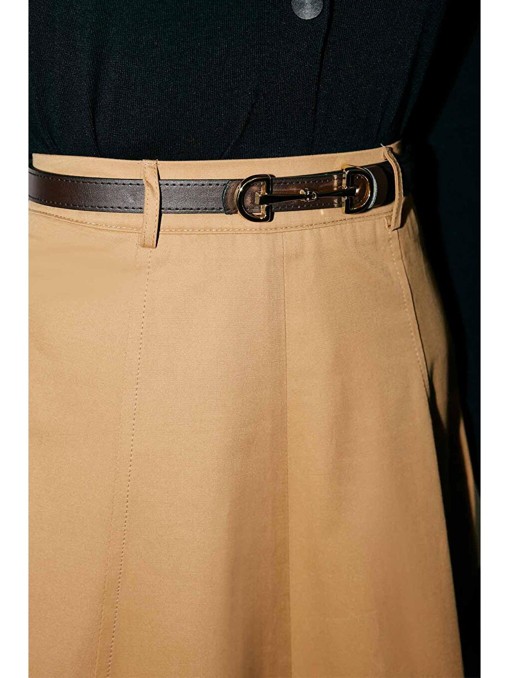 Kahverengi Dikiş Detaylı Camel Kloş Etek-3