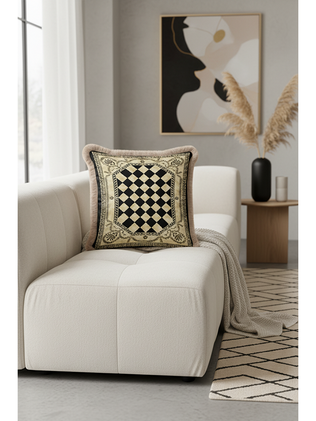 Karışık Saray Motifli Saçaklı Yastık Kılıfı - Lüks Klasik Bohem Siyah Altın Renkli Püsküllü Kırlent Kılıfı-3