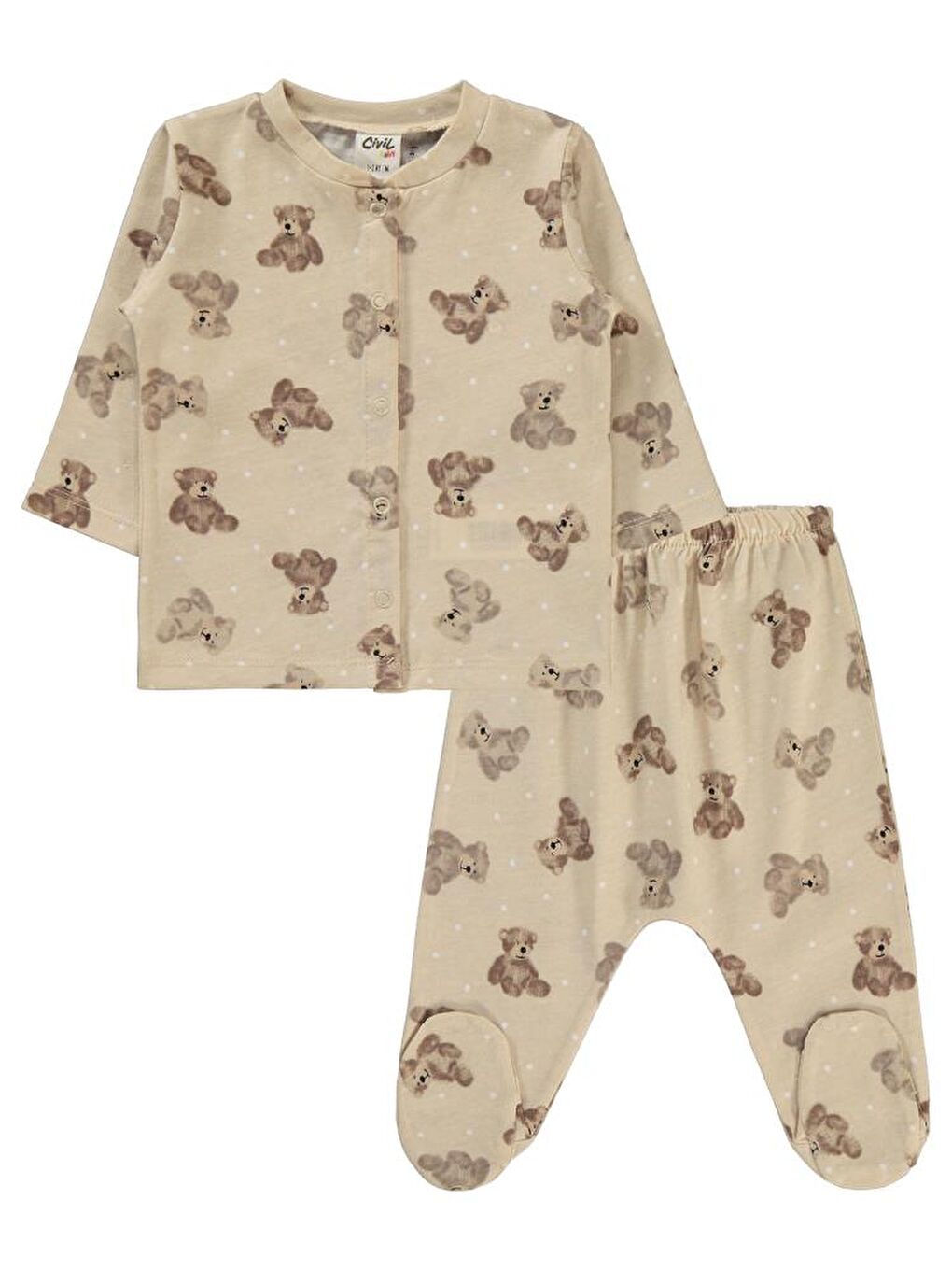 Baby Oturan Ayı Baskılı 1-6 Ay Pijama Takımı - Bej 6-9 Ay-1