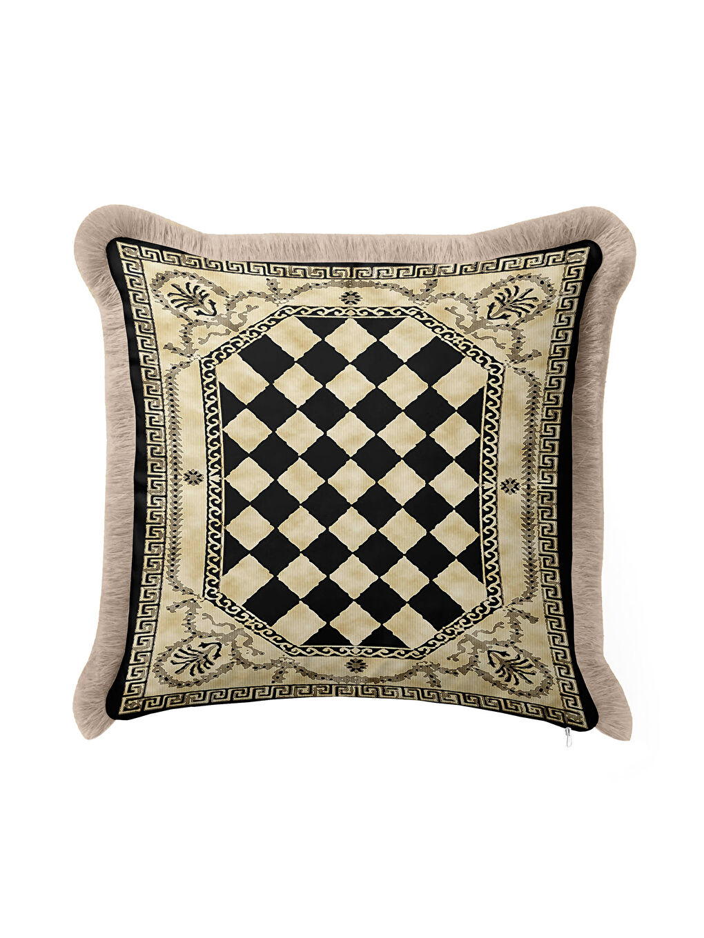 Karışık Saray Motifli Saçaklı Yastık Kılıfı - Lüks Klasik Bohem Siyah Altın Renkli Püsküllü Kırlent Kılıfı-4