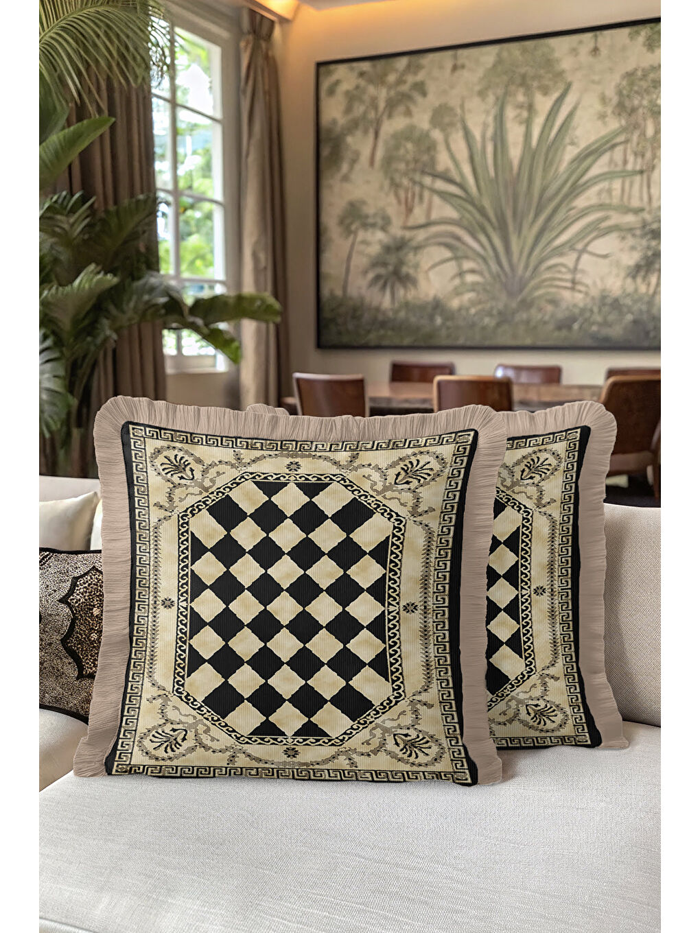 Karışık Saray Motifli Saçaklı Yastık Kılıfı - Lüks Klasik Bohem Siyah Altın Renkli Püsküllü Kırlent Kılıfı-5