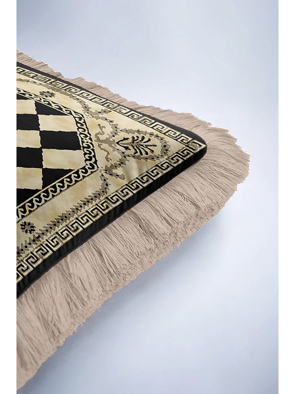 Karışık Saray Motifli Saçaklı Yastık Kılıfı - Lüks Klasik Bohem Siyah Altın Renkli Püsküllü Kırlent Kılıfı-6