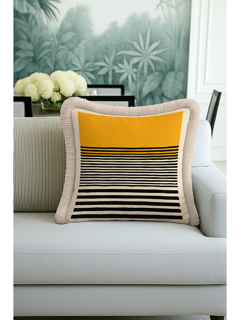 Karışık Modern Çizgili Gold Saçaklı Yastık Kılıfı - Asimetrik Geometrik Bohem Gri Püsküllü Kırlent Kılıfı