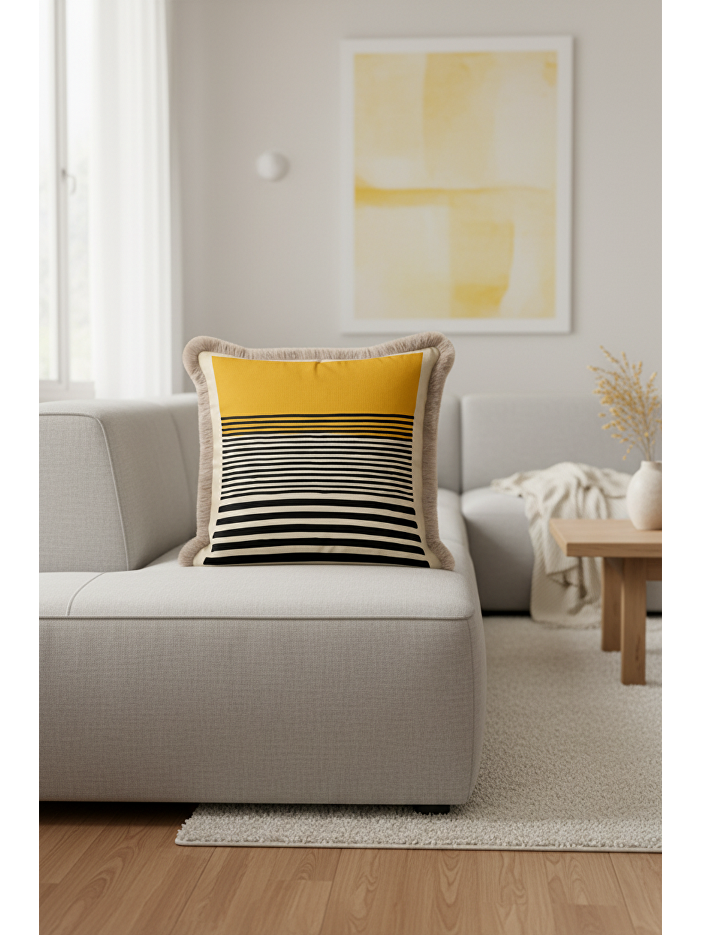 Karışık Modern Çizgili Gold Saçaklı Yastık Kılıfı - Asimetrik Geometrik Bohem Gri Püsküllü Kırlent Kılıfı-1