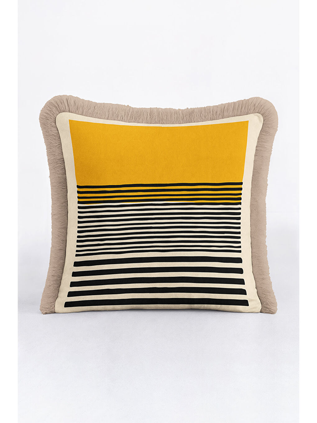 Karışık Modern Çizgili Gold Saçaklı Yastık Kılıfı - Asimetrik Geometrik Bohem Gri Püsküllü Kırlent Kılıfı-3