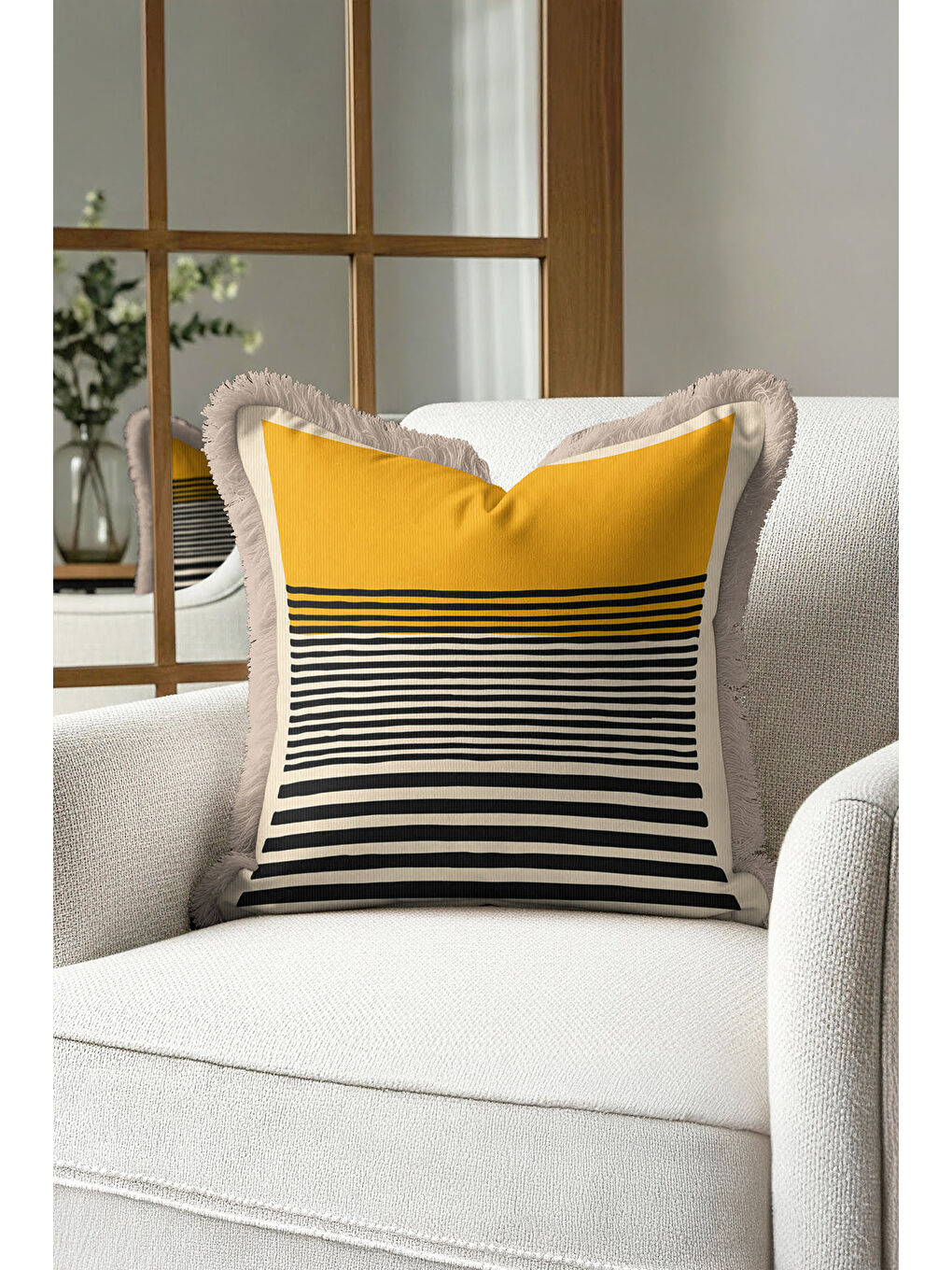 Karışık Modern Çizgili Gold Saçaklı Yastık Kılıfı - Asimetrik Geometrik Bohem Gri Püsküllü Kırlent Kılıfı-4