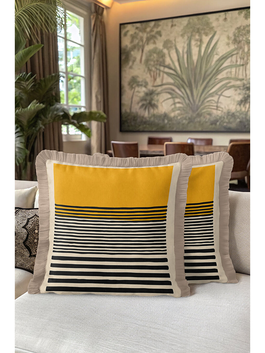 Karışık Modern Çizgili Gold Saçaklı Yastık Kılıfı - Asimetrik Geometrik Bohem Gri Püsküllü Kırlent Kılıfı-5