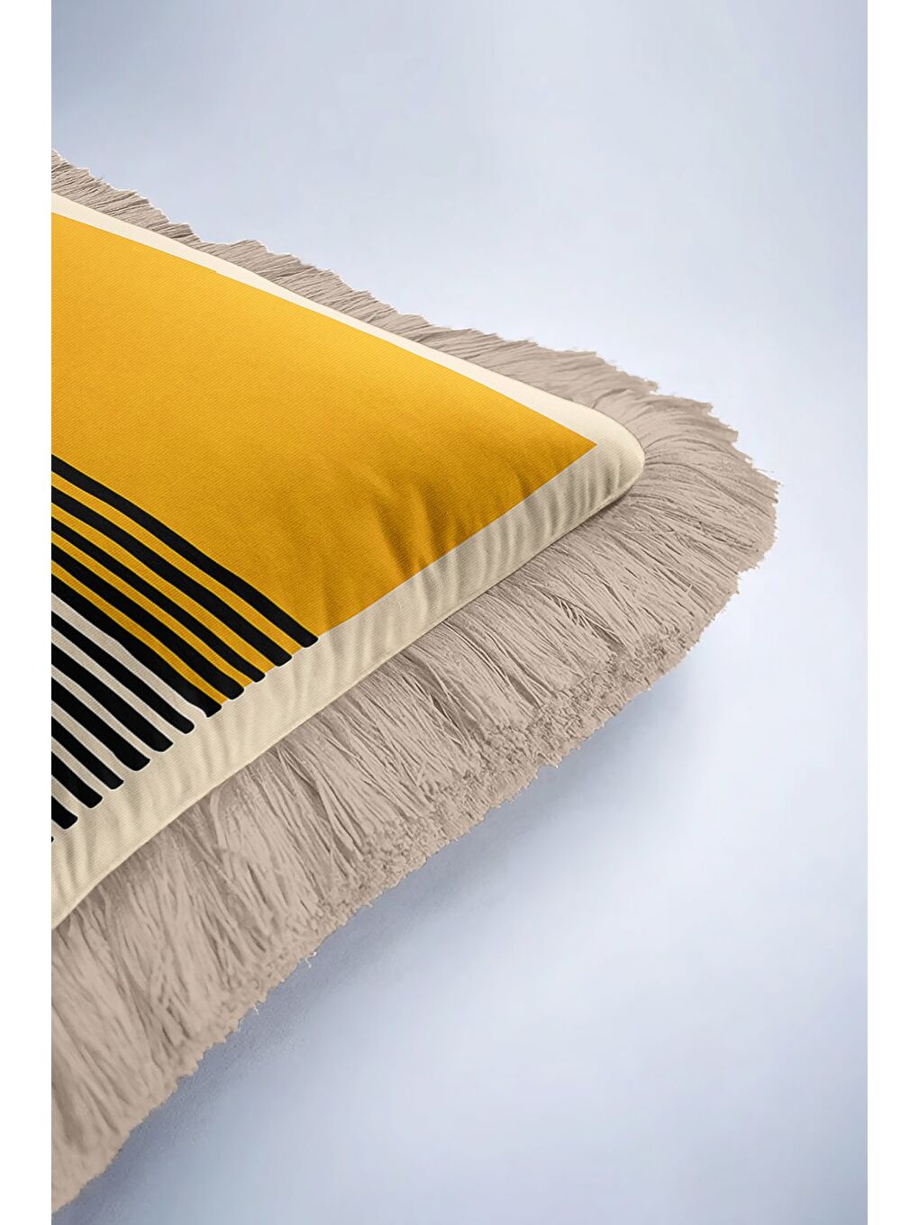 Karışık Modern Çizgili Gold Saçaklı Yastık Kılıfı - Asimetrik Geometrik Bohem Gri Püsküllü Kırlent Kılıfı-6