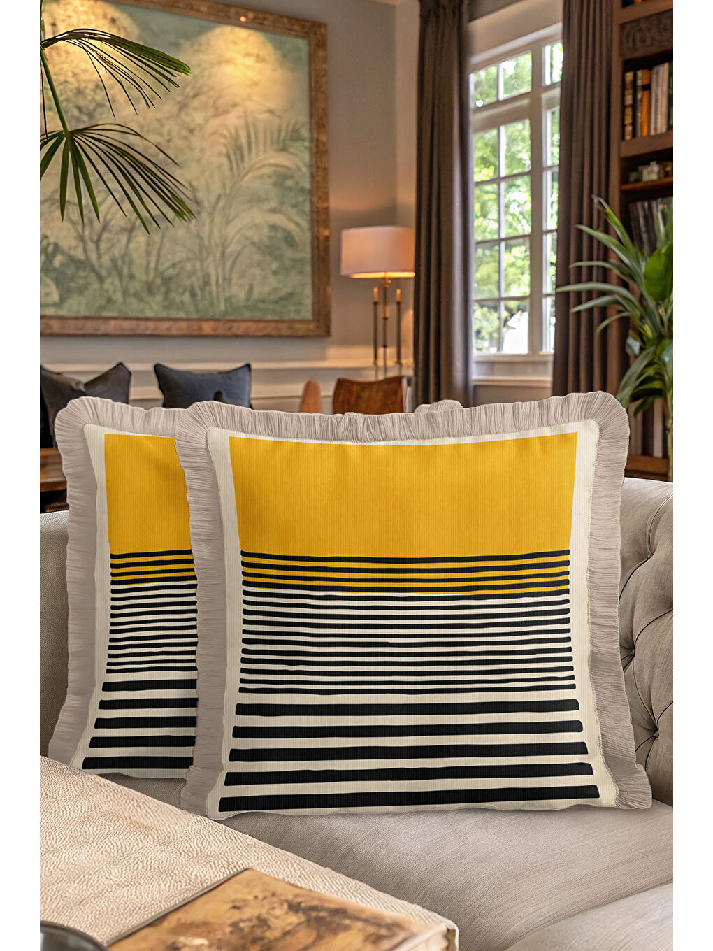 Karışık Modern Çizgili Gold Saçaklı Yastık Kılıfı - Asimetrik Geometrik Bohem Gri Püsküllü Kırlent Kılıfı-7