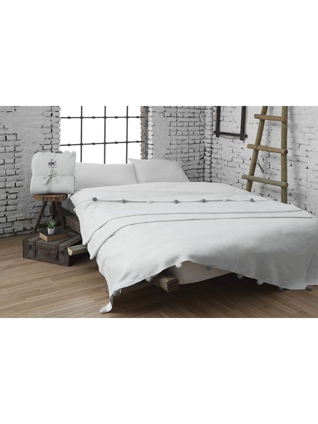 Ekru Tek Kişilik Ponponlu Pike Battaniye 150x200 Krem-5