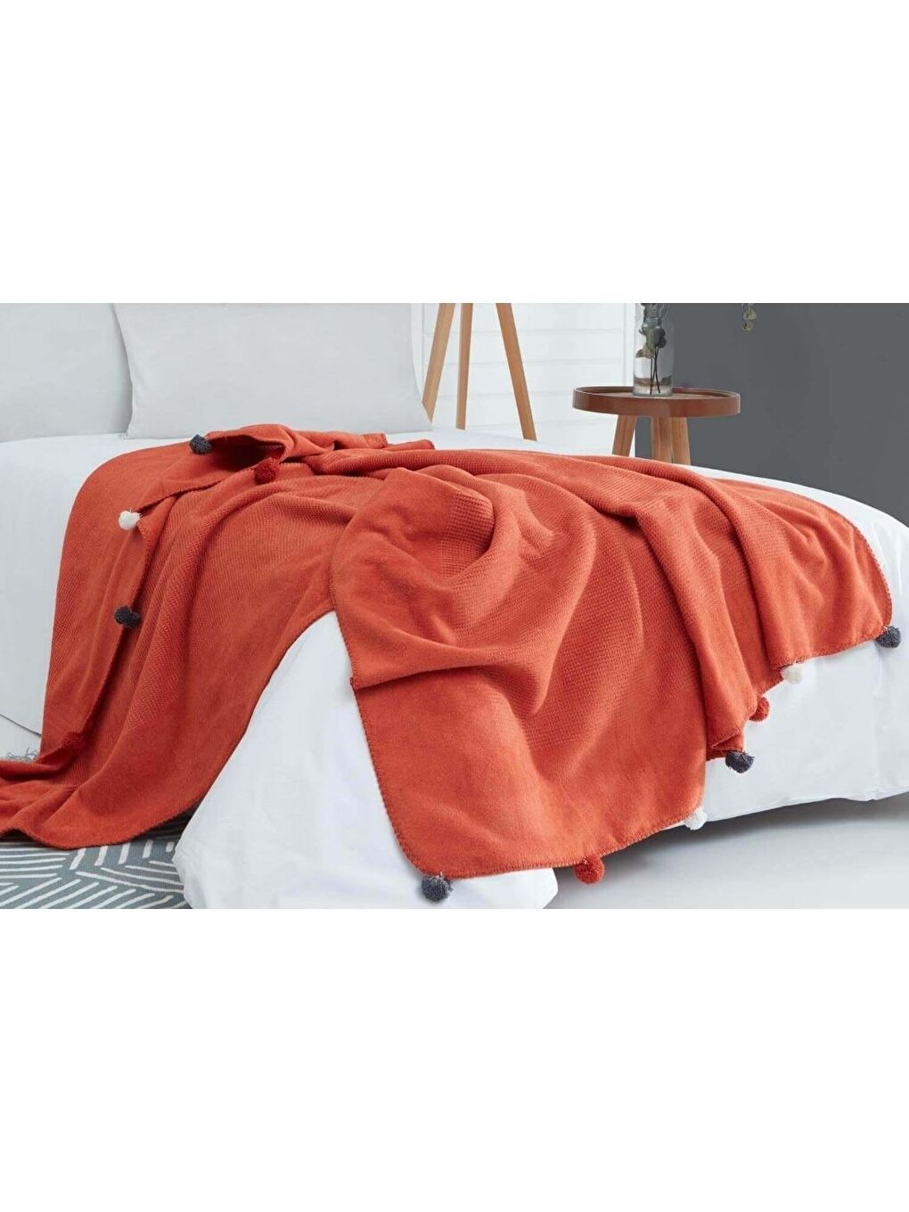 Kahverengi Tek Kişilik Ponponlu Pike Battaniye 150x200 Kiremit-1