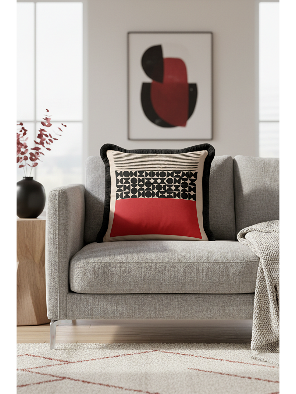 Karışık Geometrik Modern Saçaklı Yastık Kılıfı - Retro Kırmızı Siyah Püsküllü Kırlent Kılıfı-2