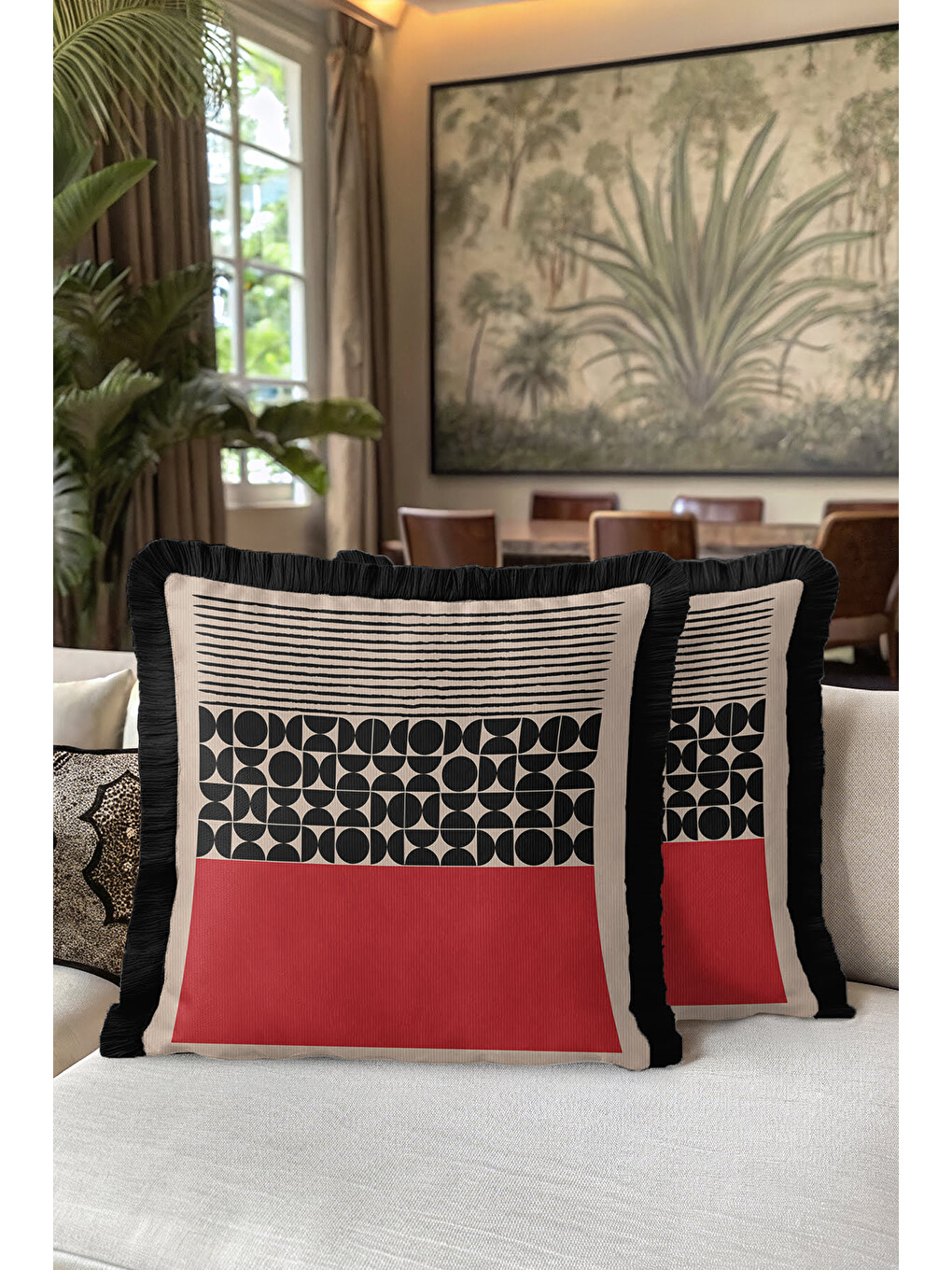 Karışık Geometrik Modern Saçaklı Yastık Kılıfı - Retro Kırmızı Siyah Püsküllü Kırlent Kılıfı-5